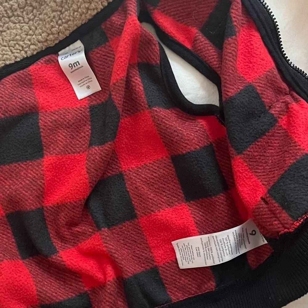 Carter’s Buffalo Plaid Moose Footie Pajamas Sleeper & Sherpa Vest 6-9 Months